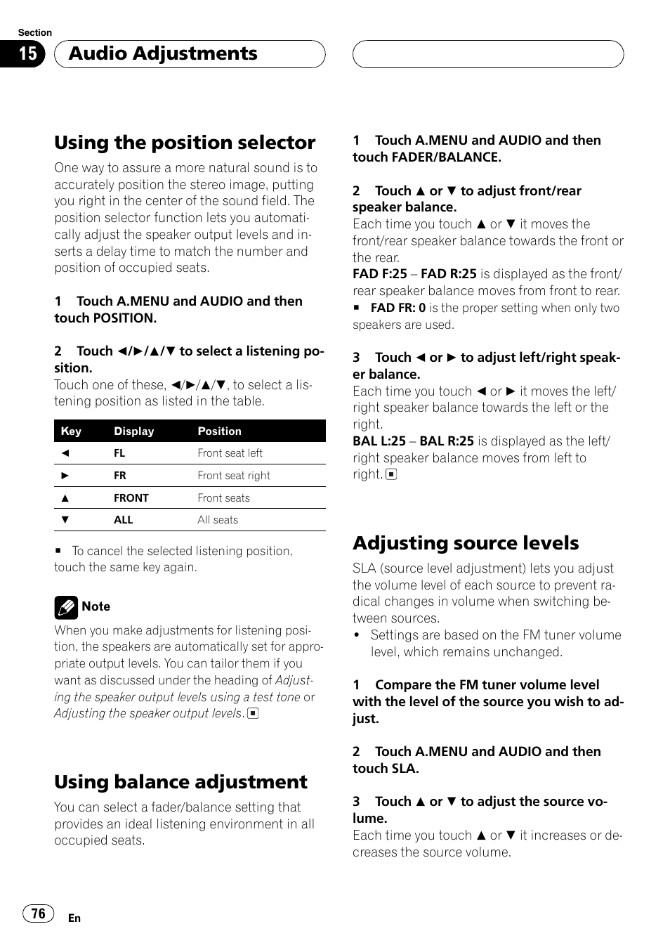 Adjusting source levels 76, Using the position selector, Using balance adjustment | Adjusting source levels, Audio adjustments | Pioneer AVH-P7600D User Manual | Page 76 / 112