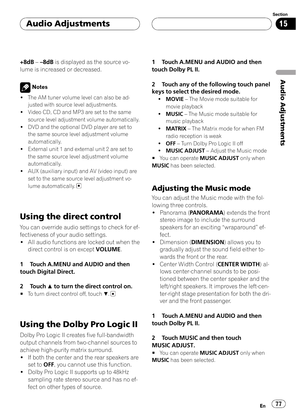 Using the direct control, Using the dolby pro logicii, Audio adjustments | Adjusting the musicmode | Pioneer AVH-P7600D User Manual | Page 77 / 112
