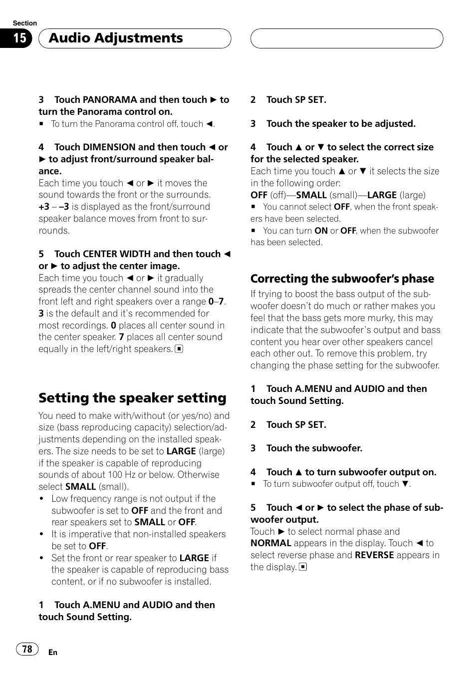Setting the speaker setting 78, Setting the speaker setting, Audio adjustments | Correcting the subwoofers phase | Pioneer AVH-P7600D User Manual | Page 78 / 112