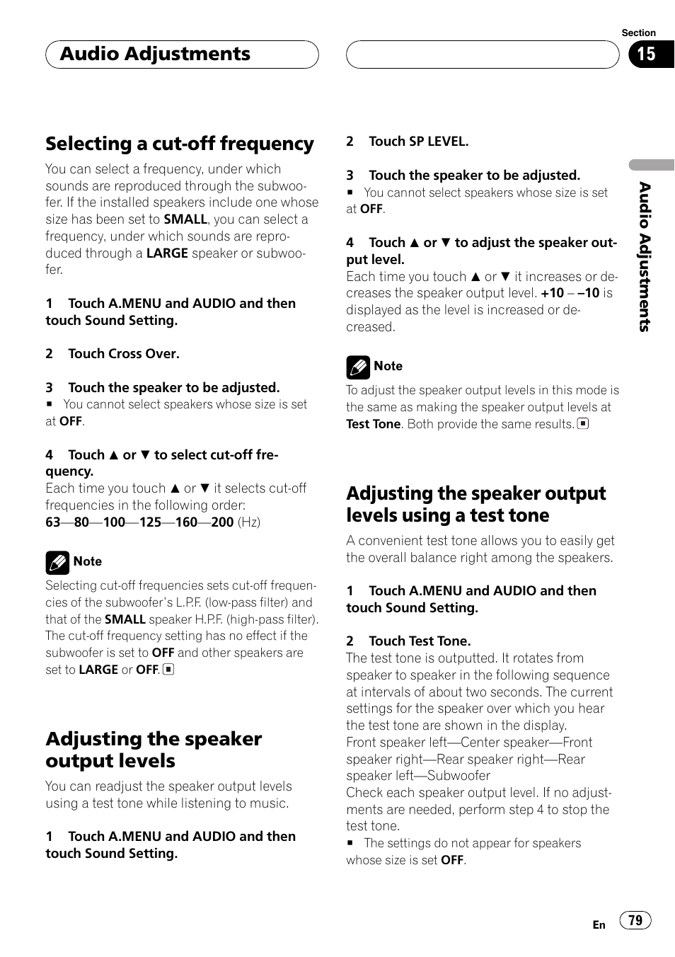 Test tone 79, Selecting a cut-off frequency, Adjusting the speaker output levels | Audio adjustments | Pioneer AVH-P7600D User Manual | Page 79 / 112