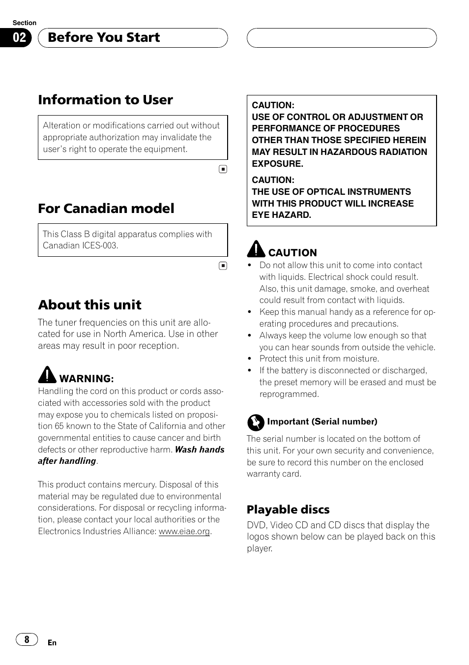 Playable discs 8, Information to user, For canadian model | About this unit, Before you start | Pioneer AVH-P7600D User Manual | Page 8 / 112