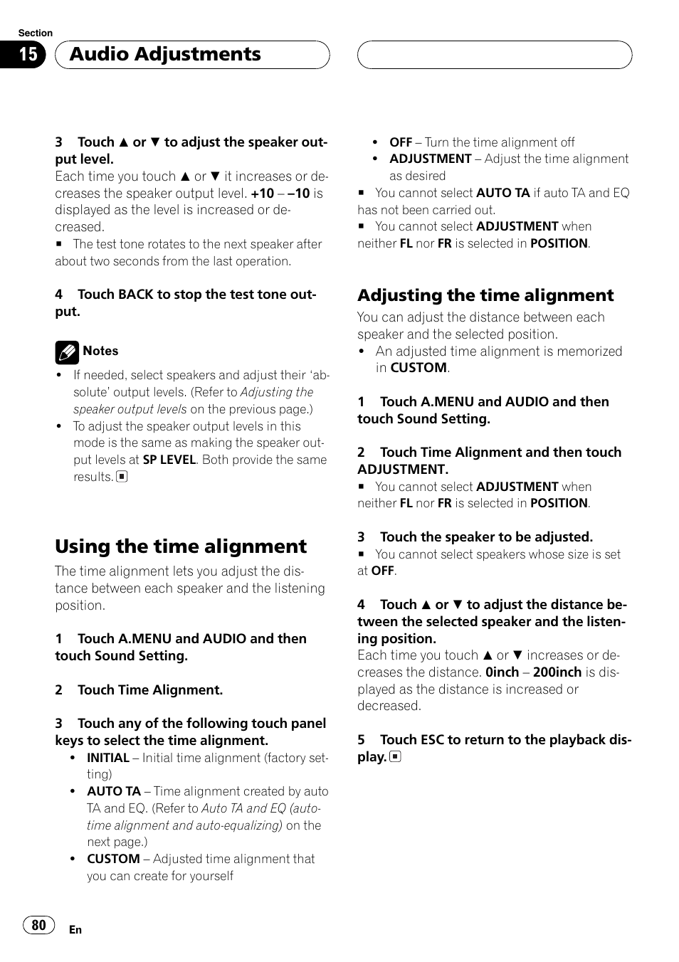 Using the time alignment 80, Using the time alignment, Audio adjustments | Adjusting the time alignment | Pioneer AVH-P7600D User Manual | Page 80 / 112