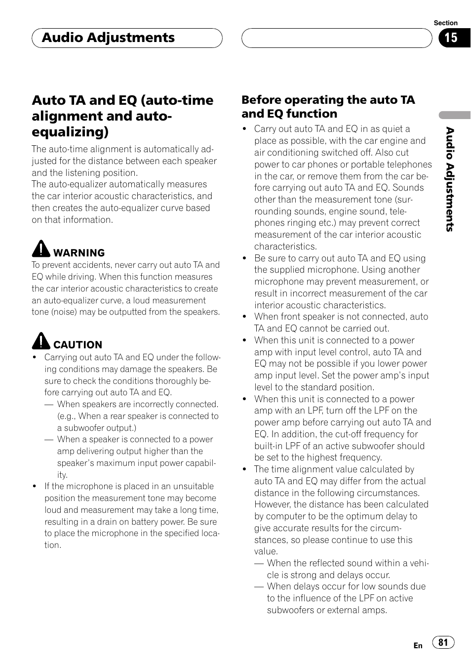 Auto ta and eq (auto-time alignment and, Auto-equalizing) 81, Auto ta and eq (auto-time alignment and auto | Equalizing), Audio adjustments, Before operating the auto ta and eq function | Pioneer AVH-P7600D User Manual | Page 81 / 112