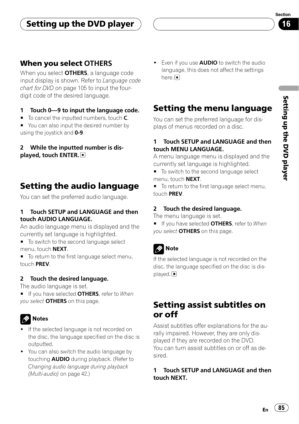 Setting the audio language, Setting the menu language, Setting assist subtitles on or off | Setting up the dvd player | Pioneer AVH-P7600D User Manual | Page 85 / 112