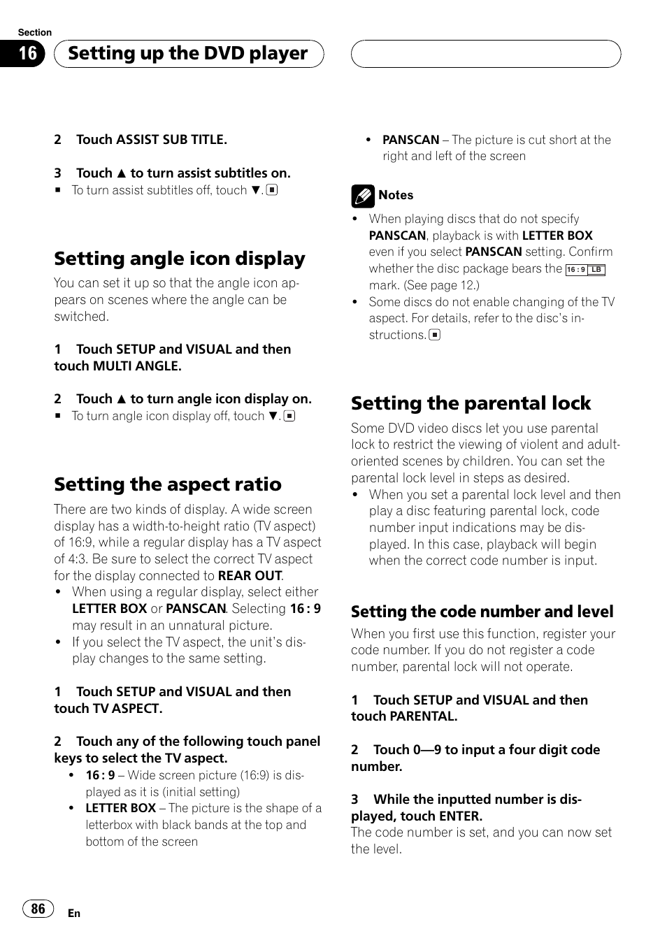 Setting angle icon display, Setting the aspect ratio, Setting the parental lock | Setting up the dvd player, Setting the code number and level | Pioneer AVH-P7600D User Manual | Page 86 / 112