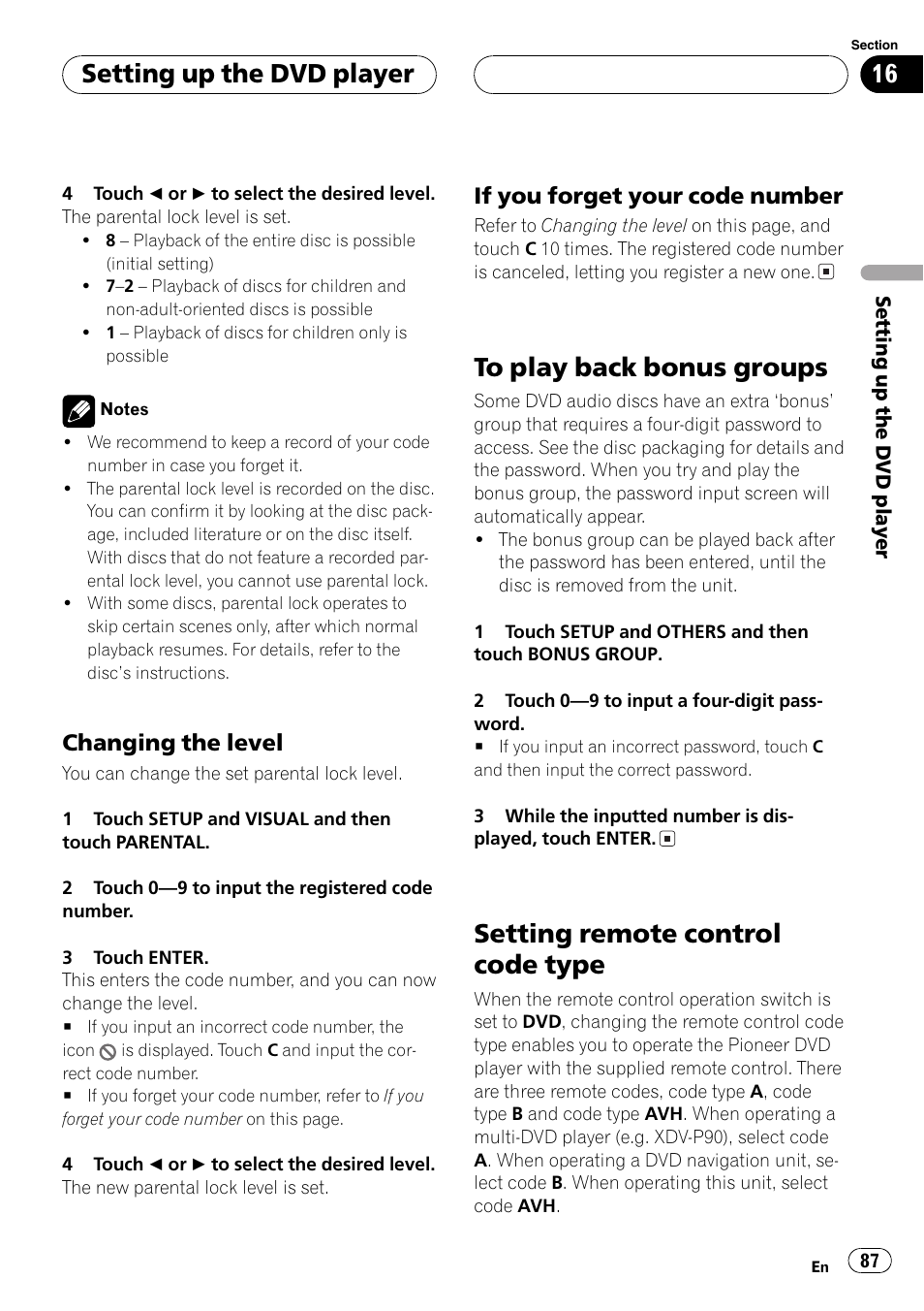 Setting remote, Setting remote control code type, Setting up the dvd player | Changing the level, If you forget your code number | Pioneer AVH-P7600D User Manual | Page 87 / 112