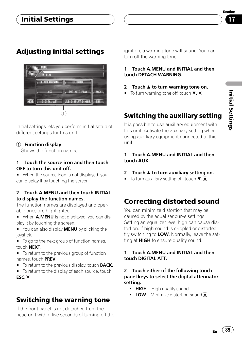 Adjusting initial settings, Switching the warning tone, Switching the auxiliary setting | Correcting distorted sound, Initial settings | Pioneer AVH-P7600D User Manual | Page 89 / 112