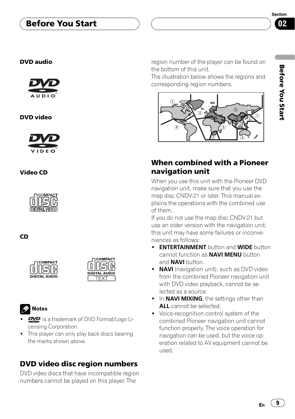 Dvd video disc region numbers 9, Before you start, Dvd video discregion numbers | When combined with a pioneer navigation unit | Pioneer AVH-P7600D User Manual | Page 9 / 112