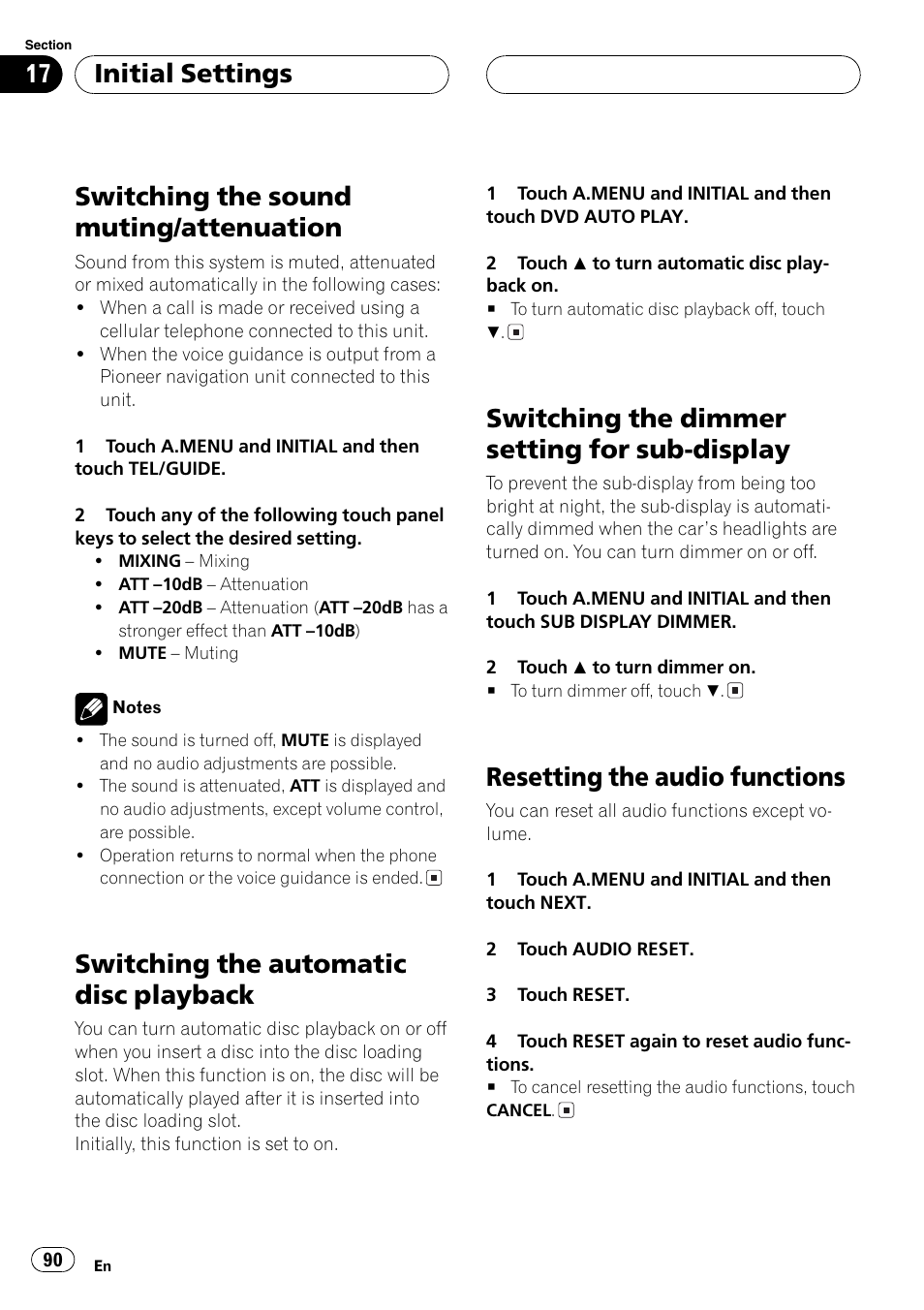 Display 90, Resetting the audio functions 90, Switching | Switching the sound muting/attenuation, Switching the automatic discplayback, Switching the dimmer setting for sub-display, Resetting the audio functions, Initial settings | Pioneer AVH-P7600D User Manual | Page 90 / 112