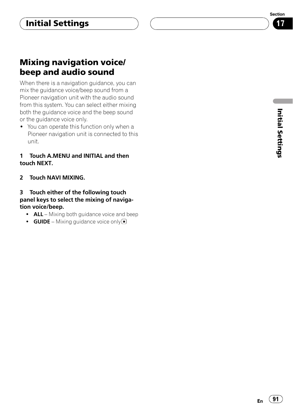 Mixing navigation voice/beep and audio, Sound 91, Mixing navigation voice/ beep and audio sound | Initial settings | Pioneer AVH-P7600D User Manual | Page 91 / 112