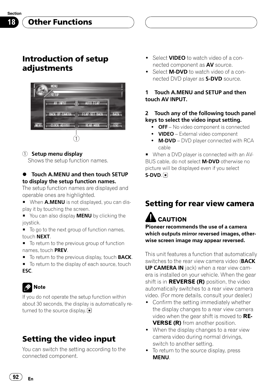 Introduction of setup adjustments, Setting the video input, Setting for rear view camera | Other functions | Pioneer AVH-P7600D User Manual | Page 92 / 112