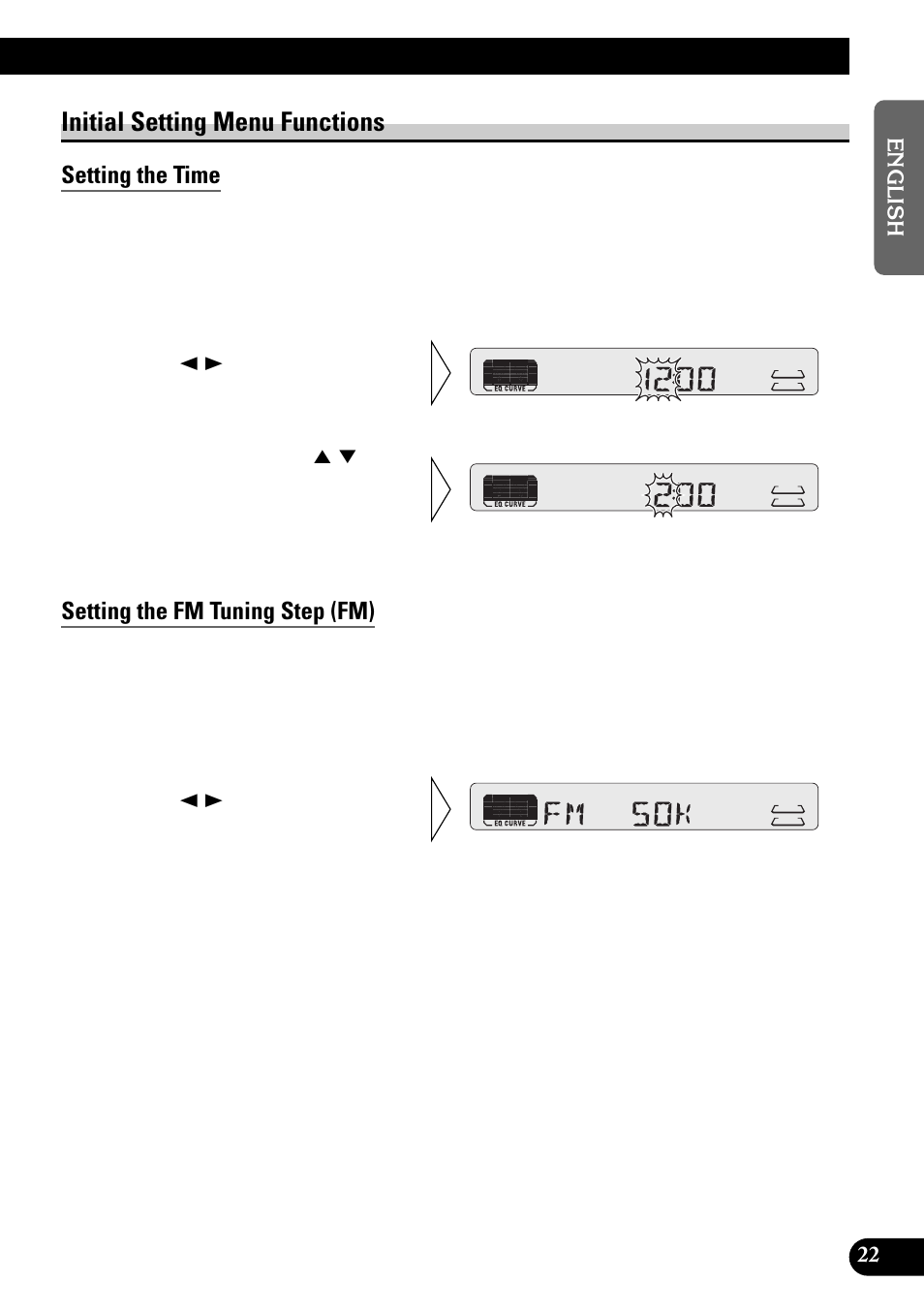 Initial setting menu functions, Setting the time, Setting the fm tuning step (fm) | Pioneer KEH-P4950 User Manual | Page 23 / 80