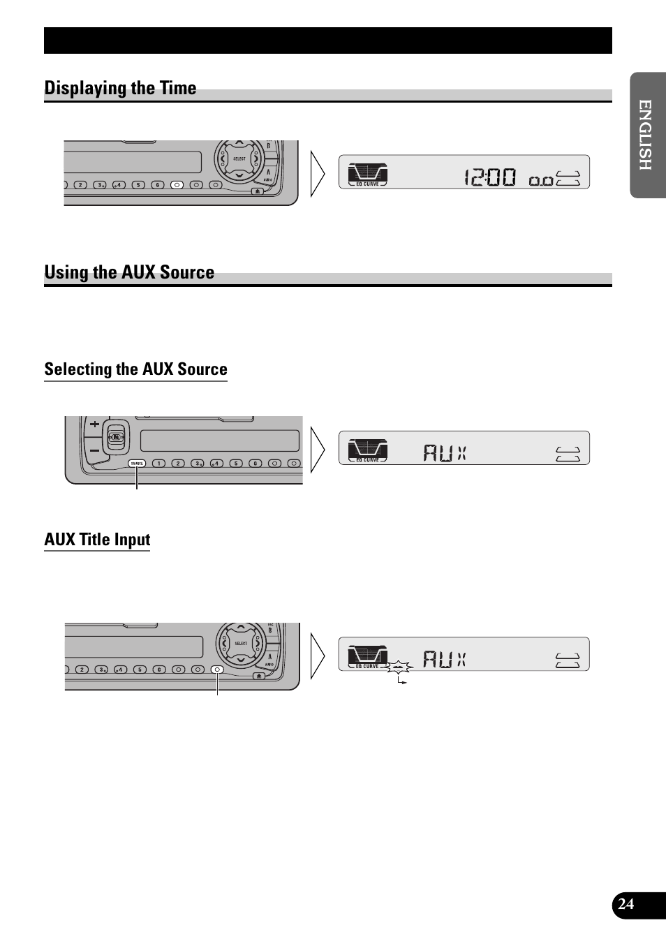 Other functions, Displaying the time using the aux source, Selecting the aux source | Aux title input, Displaying the time, Using the aux source | Pioneer KEH-P4950 User Manual | Page 25 / 80