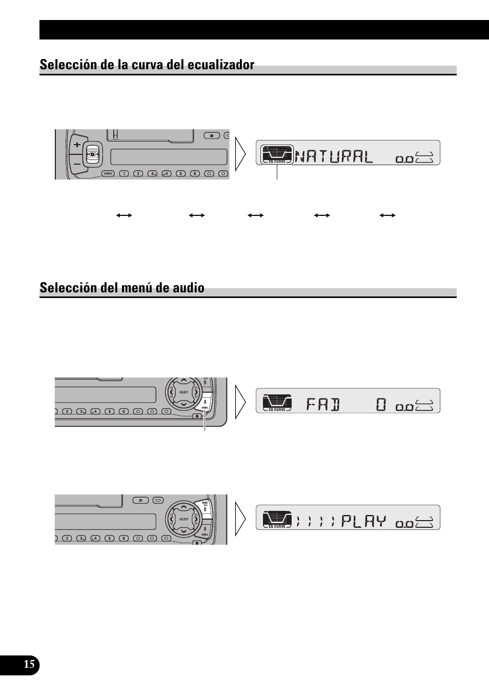 Ajuste de audio, Selección de la curva del ecualizador, Selección del menú de audio | Pioneer KEH-P4950 User Manual | Page 42 / 80