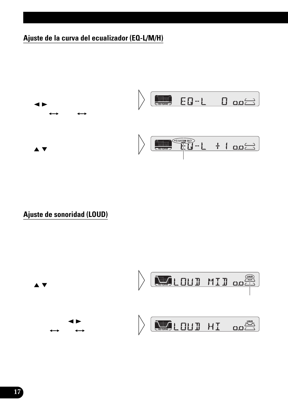 Ajuste de la curva del ecualizador (eq-l/m/h), Ajuste de sonoridad (loud), Ajuste de audio | Pioneer KEH-P4950 User Manual | Page 44 / 80