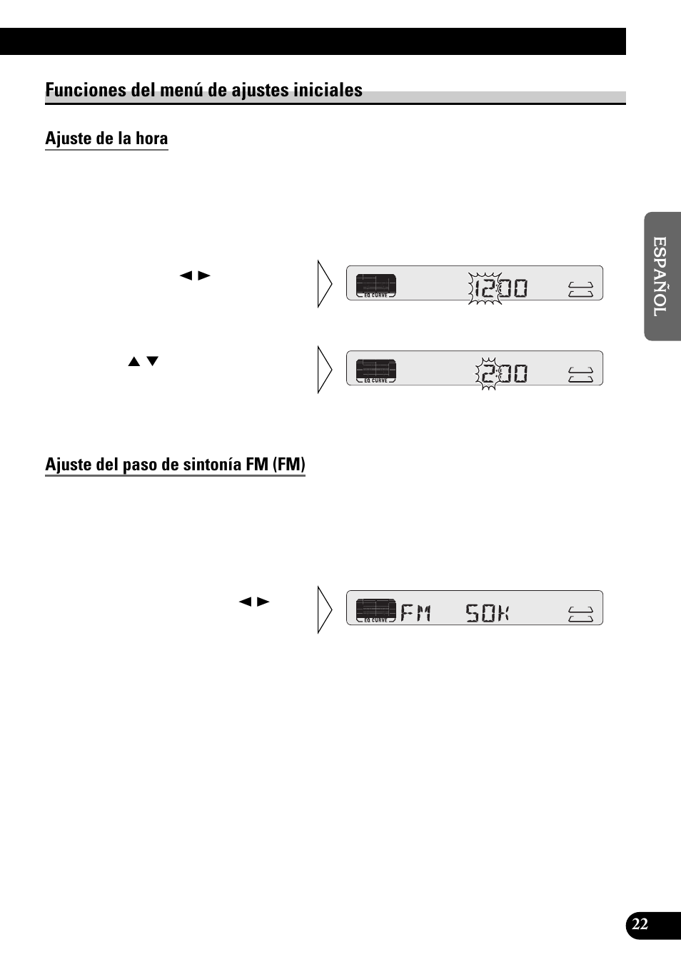 Funciones del menú de ajustes iniciales, Ajuste de la hora, Ajuste del paso de sintonía fm (fm) | Pioneer KEH-P4950 User Manual | Page 49 / 80