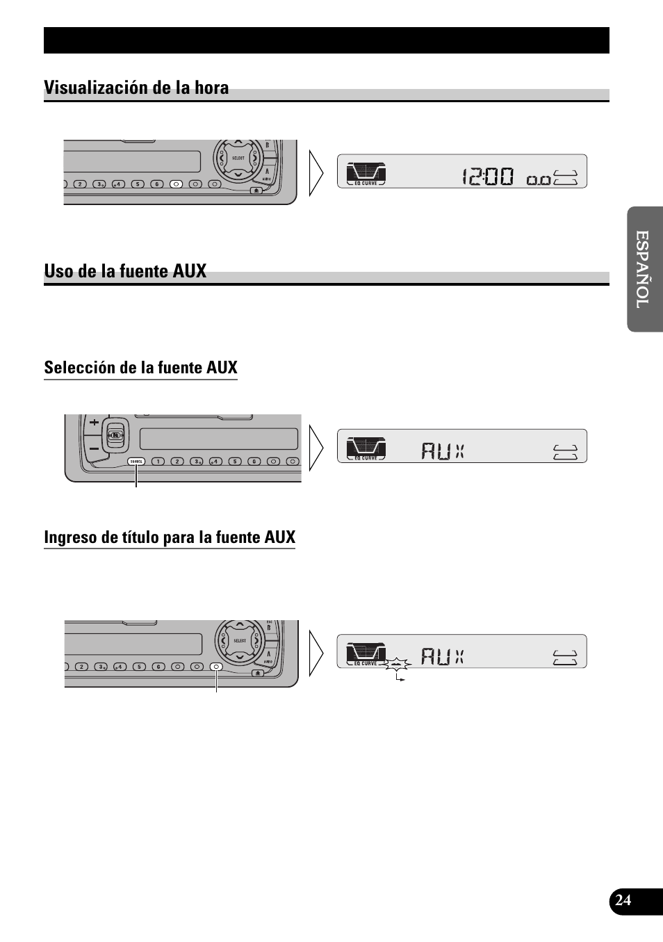 Otras funciones, Visualización de la hora uso de la fuente aux, Selección de la fuente aux | Ingreso de título para la fuente aux, Visualización de la hora, Uso de la fuente aux | Pioneer KEH-P4950 User Manual | Page 51 / 80
