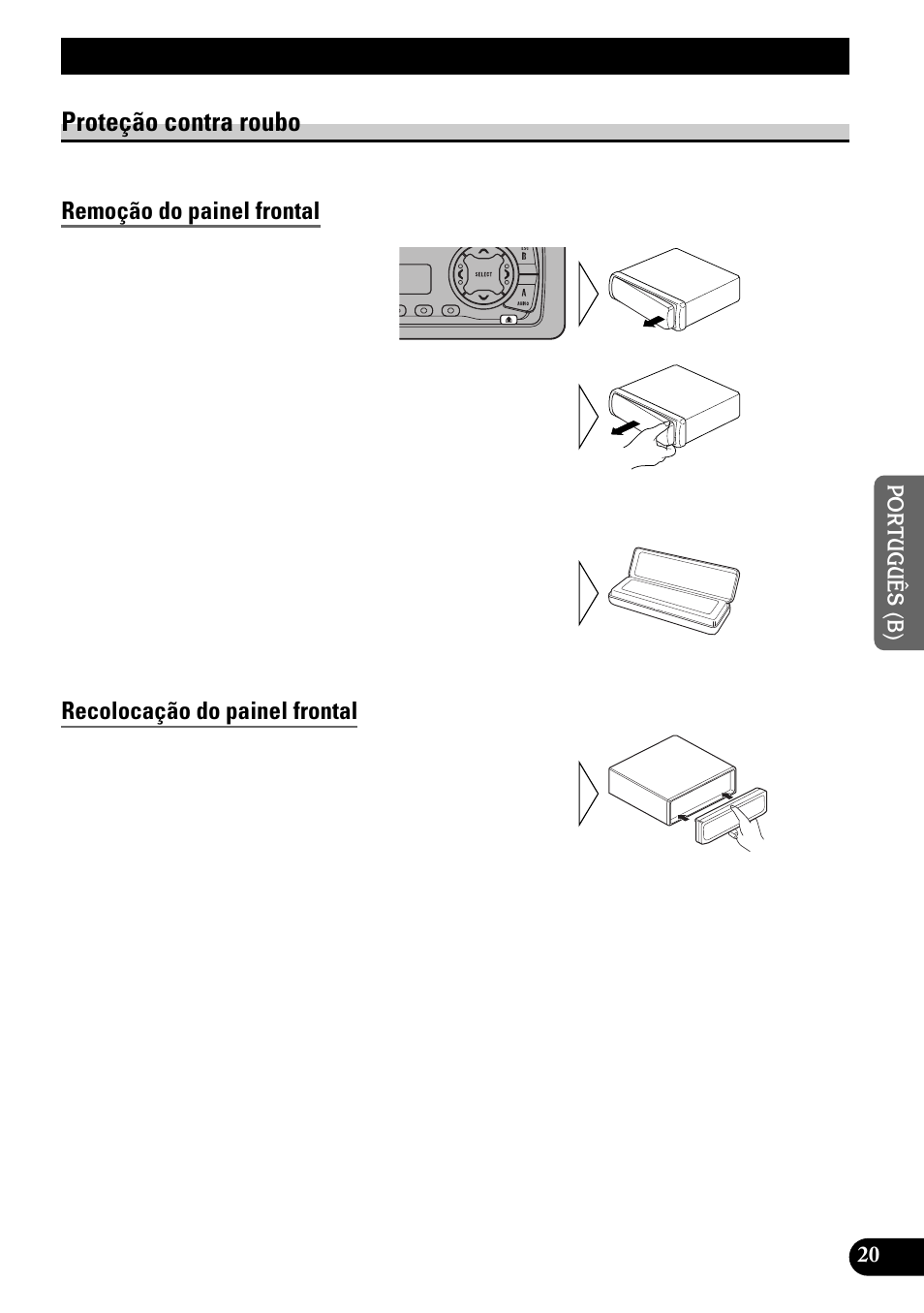 Remoção e colocação do, Painel frontal, Proteção contra roubo | Remoção do painel frontal, Recolocação do painel frontal, Remoção e colocação do painel frontal | Pioneer KEH-P4950 User Manual | Page 73 / 80