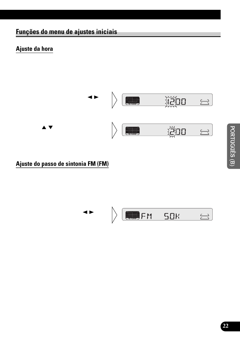 Funções do menu de ajustes iniciais, Ajuste da hora, Ajuste do passo de sintonia fm (fm) | Pioneer KEH-P4950 User Manual | Page 75 / 80