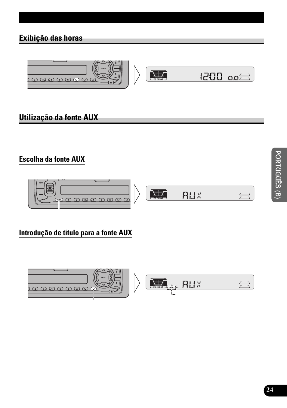 Outras funções, Exibição das horas utilização da fonte aux, Escolha da fonte aux | Introdução de título para a fonte aux, Exibição das horas, Utilização da fonte aux | Pioneer KEH-P4950 User Manual | Page 77 / 80