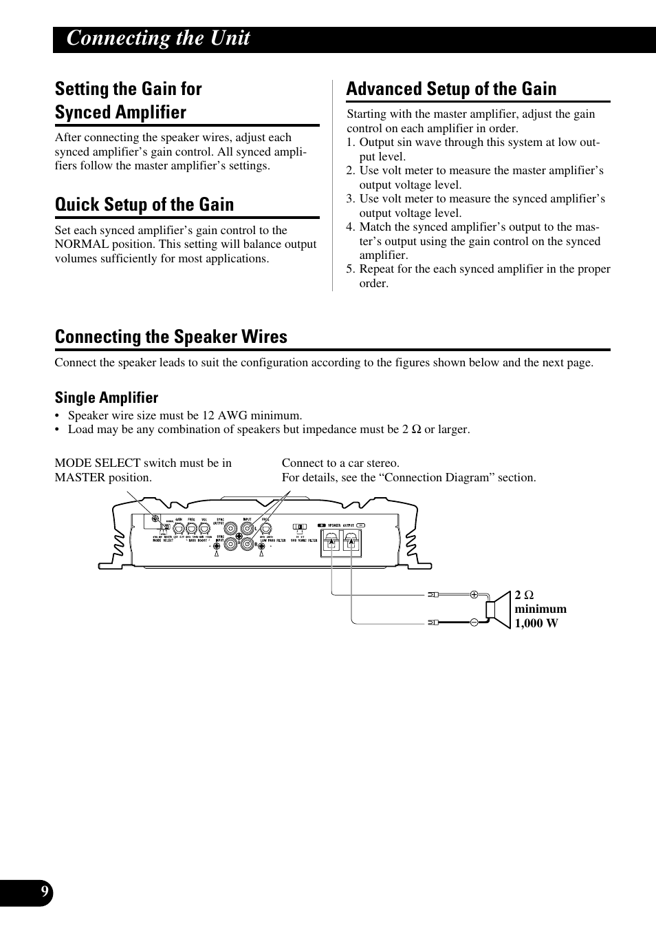 Connecting the unit, Setting the gain for synced amplifier, Quick setup of the gain | Advanced setup of the gain, Connecting the speaker wires | Pioneer PRS-D3000SPL User Manual | Page 10 / 86