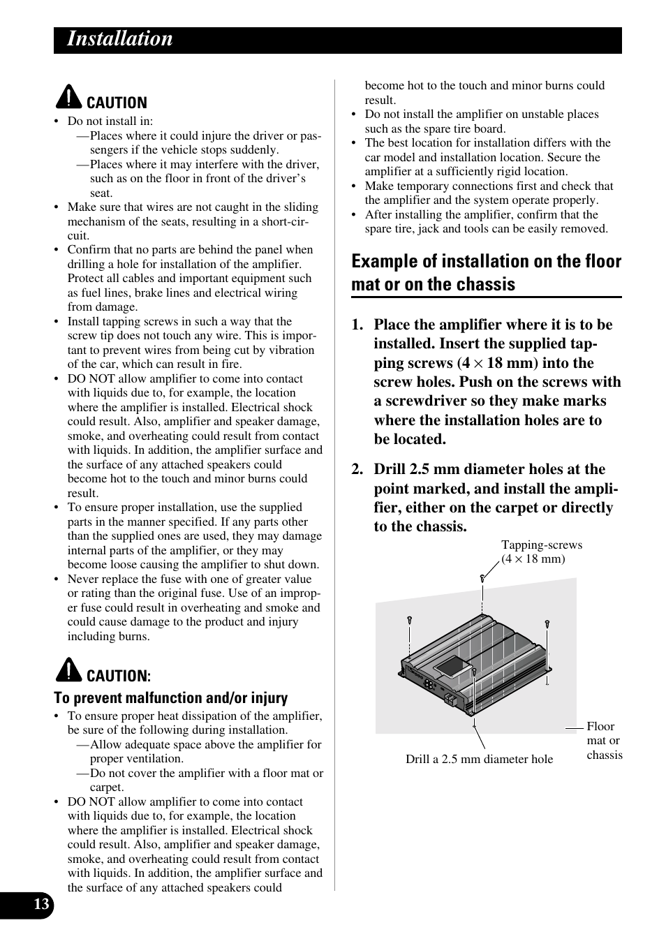 Installation, Example of installation on the floor mat, Or on the chassis | Pioneer PRS-D3000SPL User Manual | Page 14 / 86