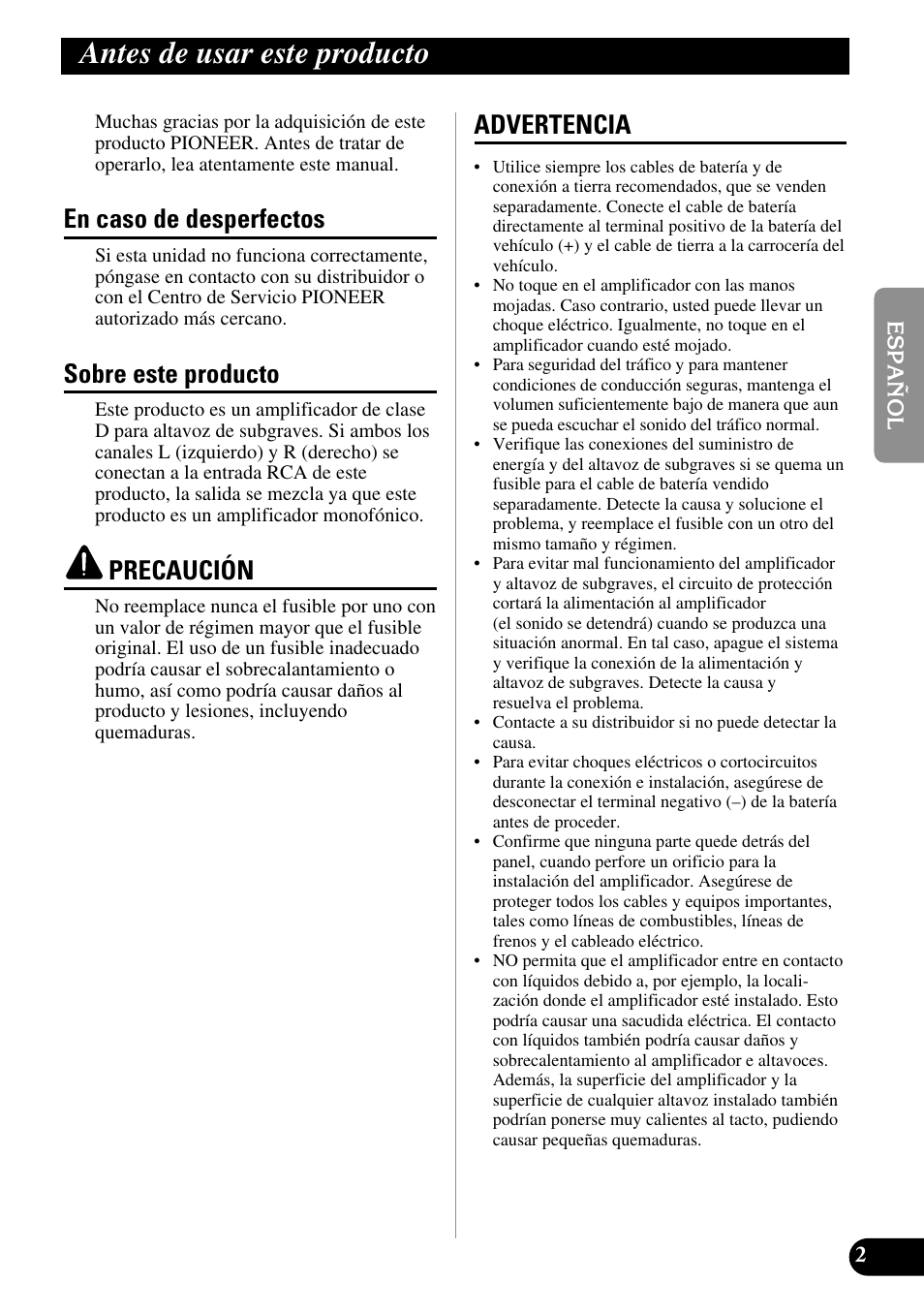 Antes de usar este producto, A title (english), En caso de desperfectos | Sobre este producto, Precaución, Advertencia | Pioneer PRS-D3000SPL User Manual | Page 17 / 86
