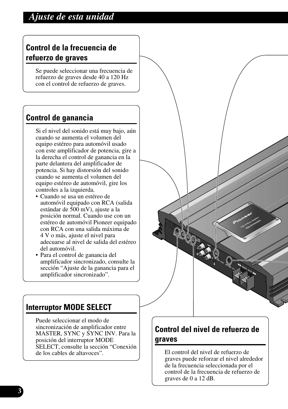Ajuste de esta unidad, Control de la frecuencia de refuerzo, De graves | A title (english) | Pioneer PRS-D3000SPL User Manual | Page 18 / 86