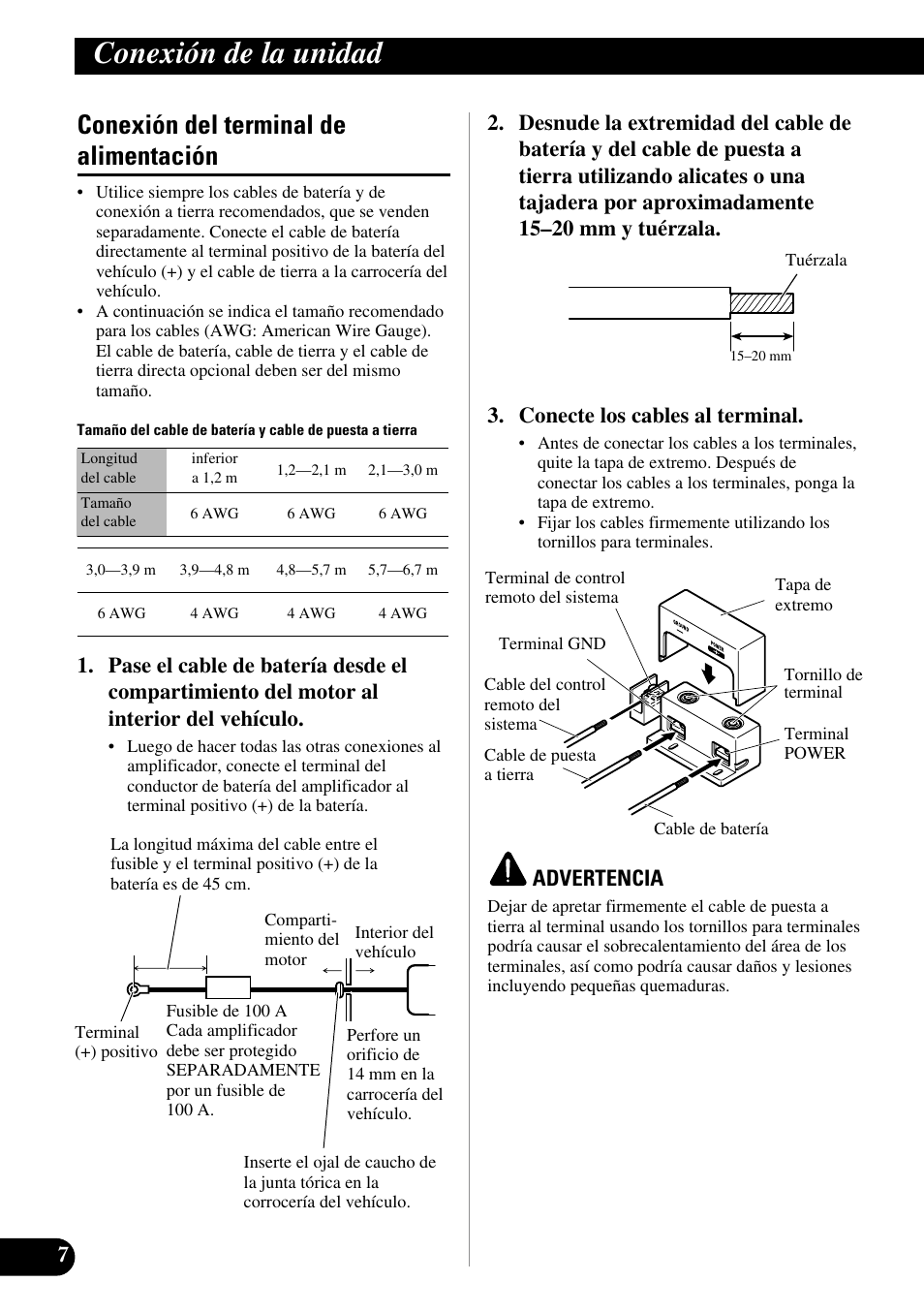 Conexión del terminal de alimentación, A title (english), Conexión de la unidad | Advertencia | Pioneer PRS-D3000SPL User Manual | Page 22 / 86