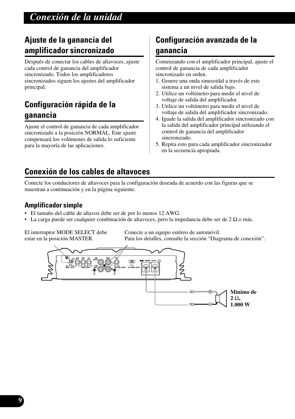 Ajuste de la ganancia del amplificador, Sincronizado, A title (english) | Conexión de la unidad, Configuración rápida de la ganancia, Configuración avanzada de la ganancia, Conexión de los cables de altavoces | Pioneer PRS-D3000SPL User Manual | Page 24 / 86