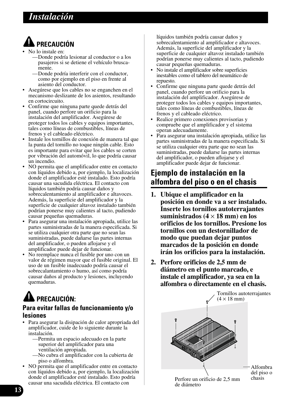 Instalación, Ejemplo de instalación en la alfombra, Del piso o en el chasis | A title (english) | Pioneer PRS-D3000SPL User Manual | Page 28 / 86