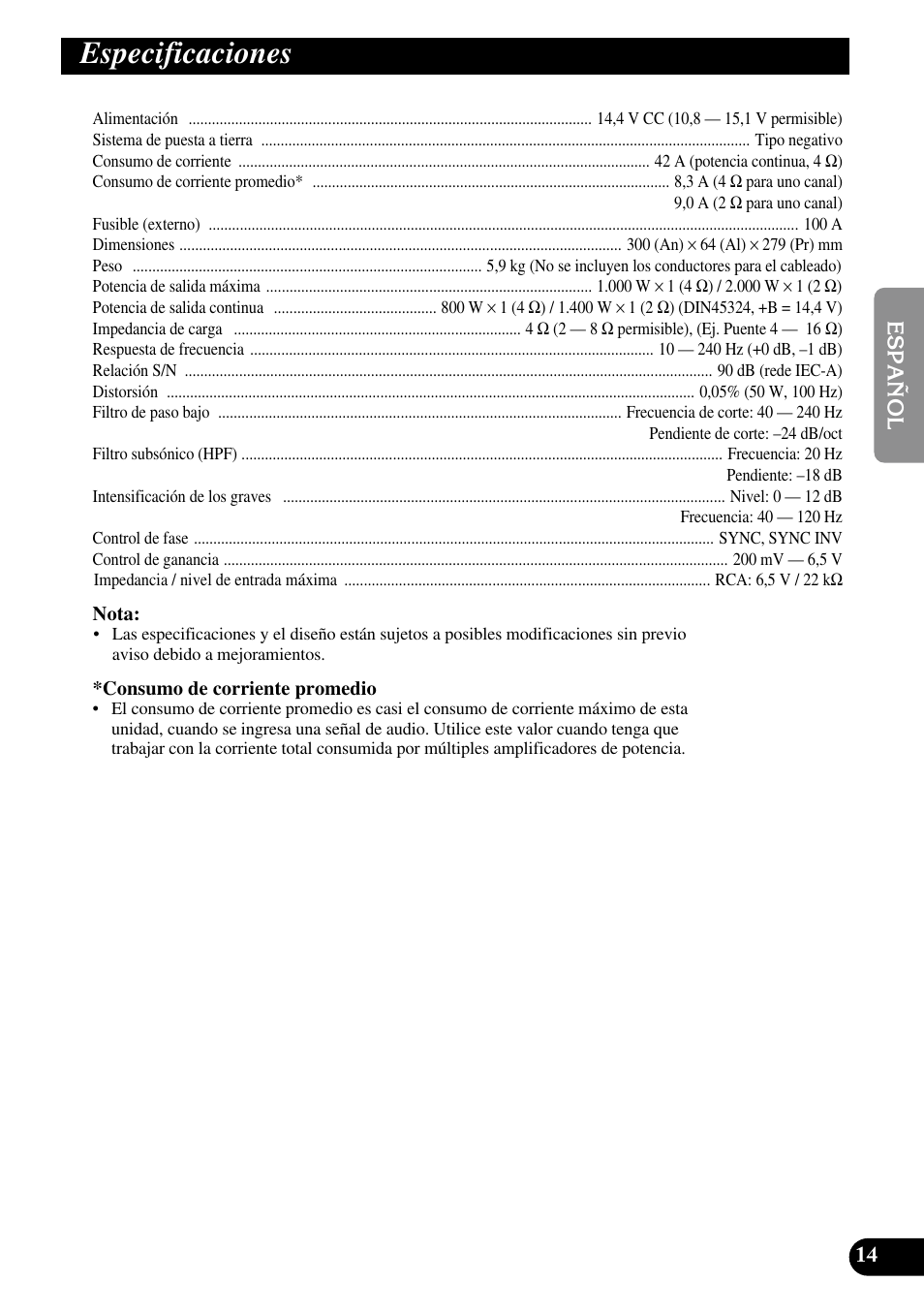 Especificaciones, A title (english) | Pioneer PRS-D3000SPL User Manual | Page 29 / 86