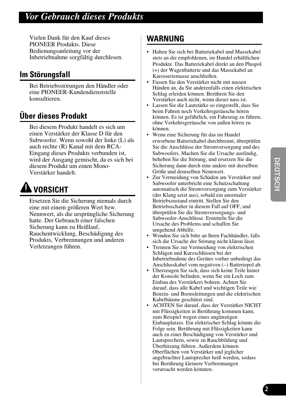 Vor gebrauch dieses produkts, Im störungsfall, Über dieses produkt | Vorsicht, Warnung | Pioneer PRS-D3000SPL User Manual | Page 31 / 86