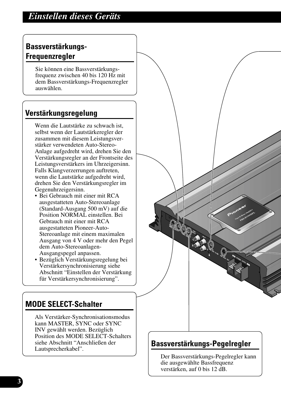 Einstellen dieses geräts, Bassverstärkungs- frequenzregler, Bassverstärkungs-pegelregler | Verstärkungsregelung, Mode select-schalter | Pioneer PRS-D3000SPL User Manual | Page 32 / 86