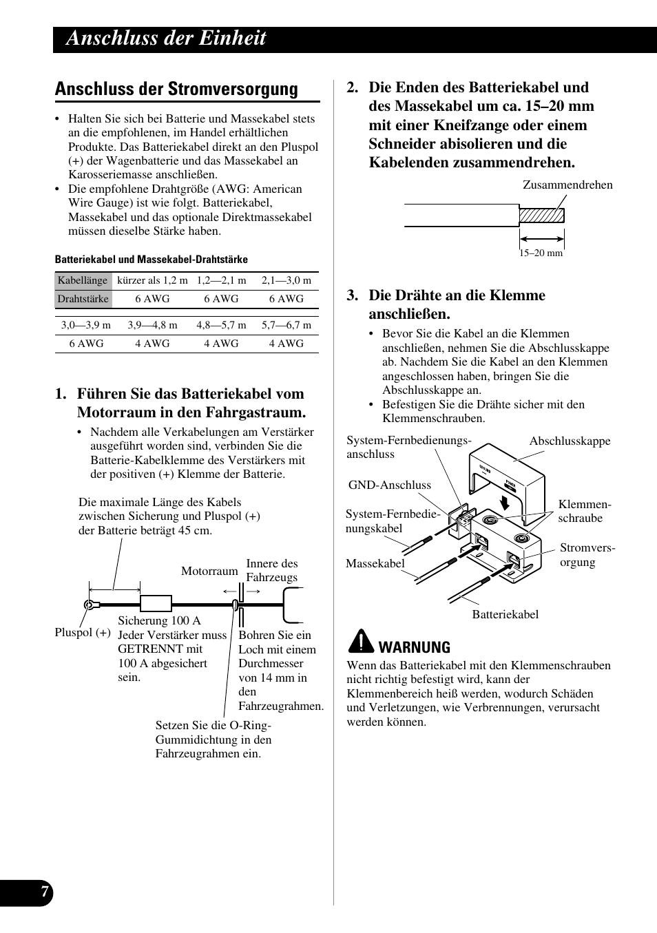 Anschluss der stromversorgung, Anschluss der einheit, Warnung | Pioneer PRS-D3000SPL User Manual | Page 36 / 86