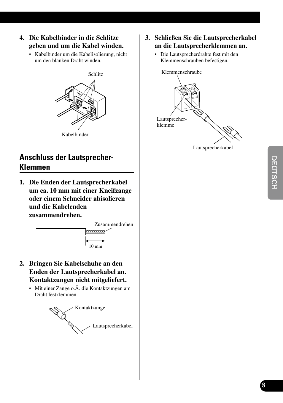 Anschluss der lautsprecher-klemmen, Anschluss der lautsprecher- klemmen | Pioneer PRS-D3000SPL User Manual | Page 37 / 86