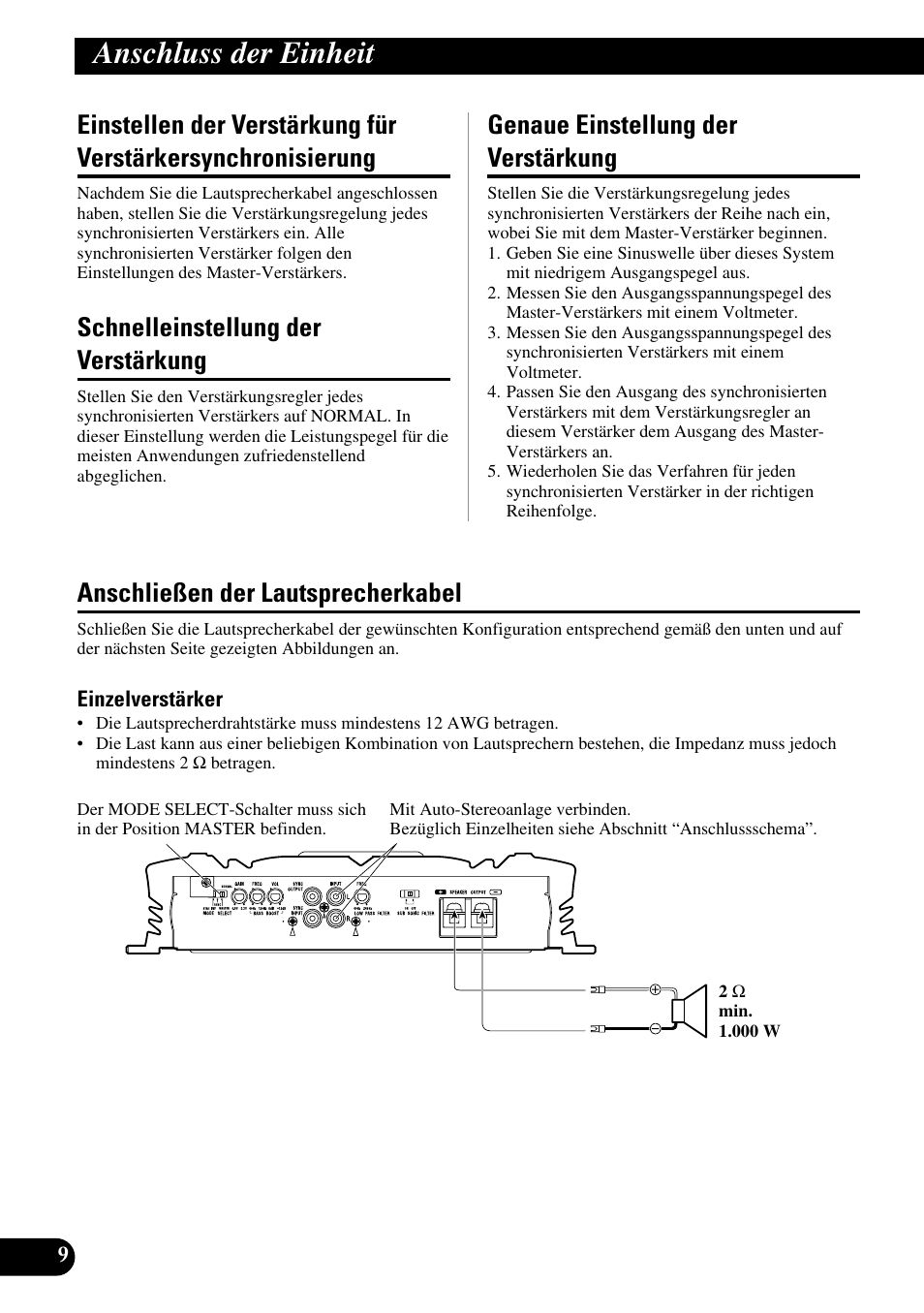 Einstellen der verstärkung für, Verstärkersynchronisierung, Anschluss der einheit | Schnelleinstellung der verstärkung, Genaue einstellung der verstärkung, Anschließen der lautsprecherkabel | Pioneer PRS-D3000SPL User Manual | Page 38 / 86