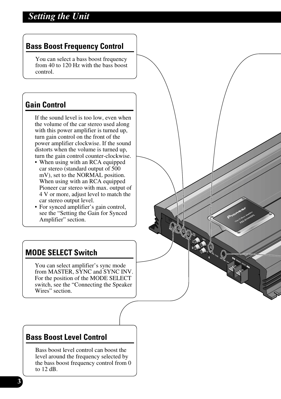 Setting the unit, Bass boost frequency control, Bass boost level control | Gain control, Mode select switch | Pioneer PRS-D3000SPL User Manual | Page 4 / 86
