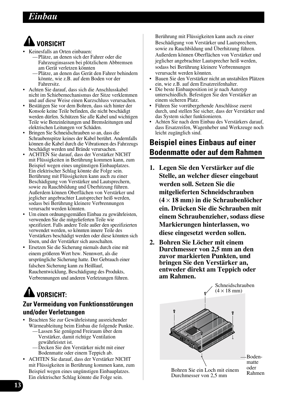 Einbau, Beispiel eines einbaus auf einer bodenmatte, Oder auf dem rahmen | Pioneer PRS-D3000SPL User Manual | Page 42 / 86