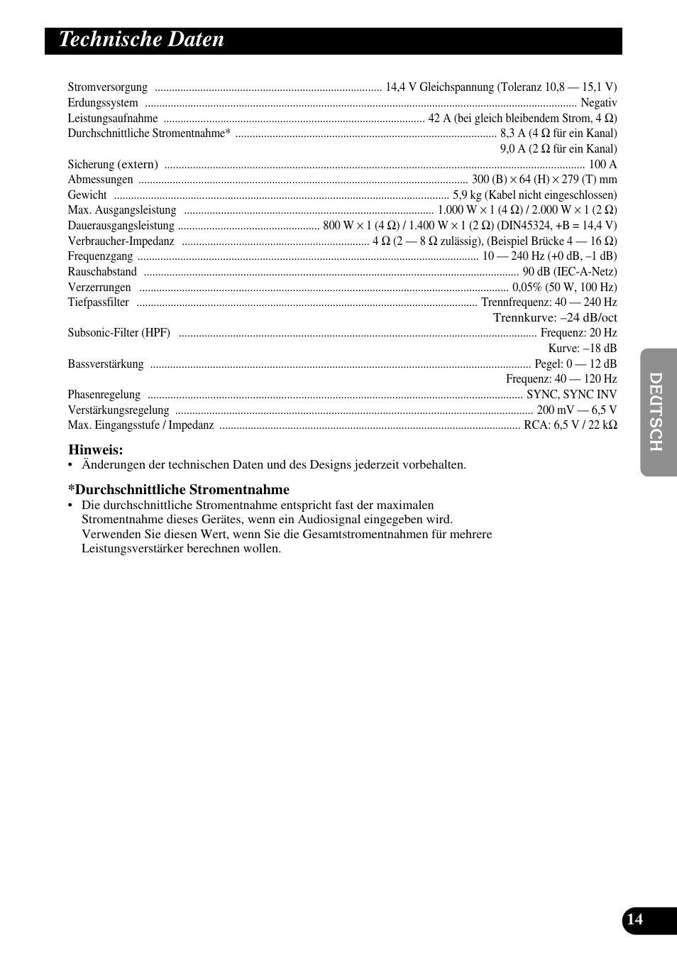 Technische daten | Pioneer PRS-D3000SPL User Manual | Page 43 / 86