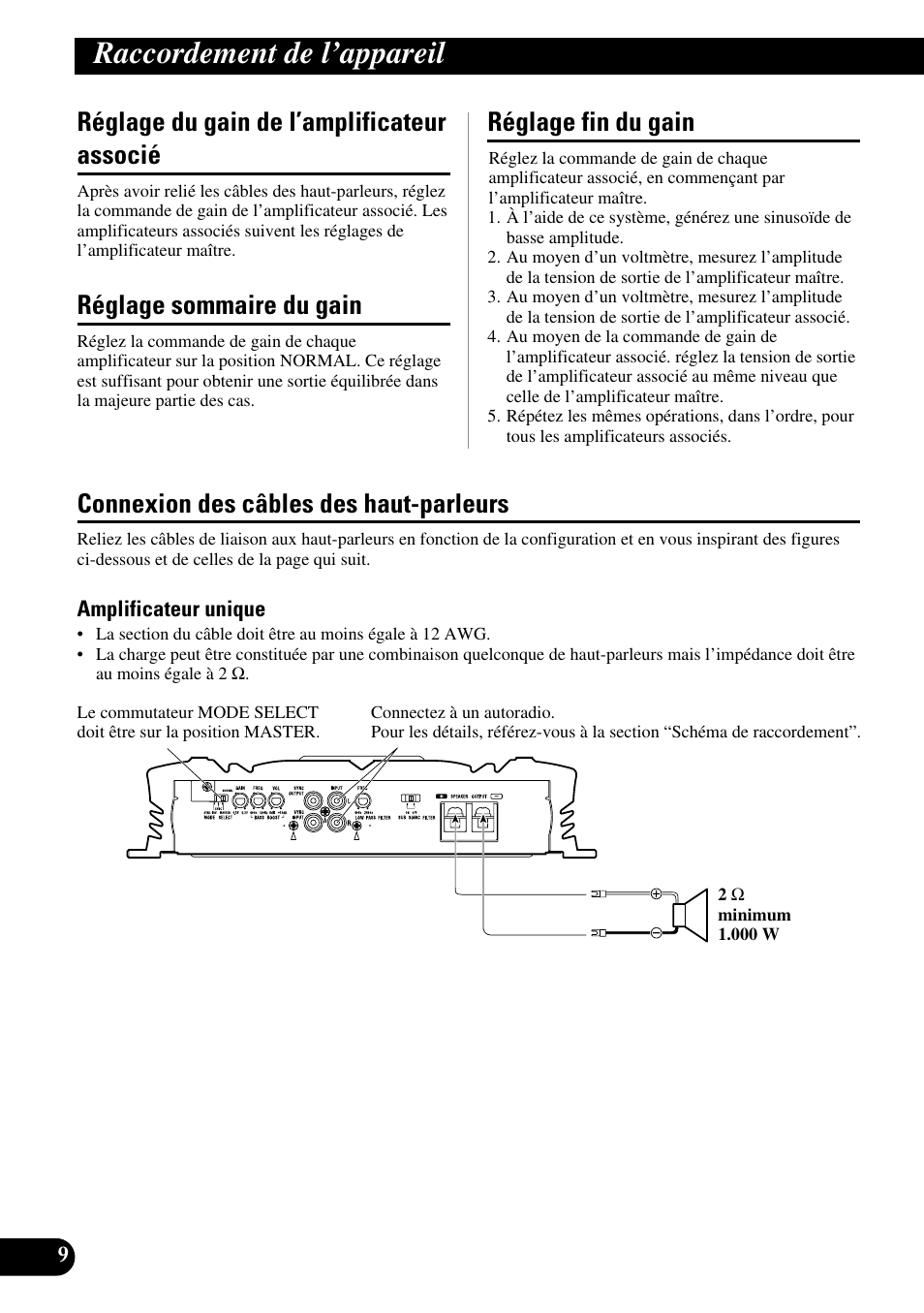 Raccordement de l’appareil, Réglage du gain de l’amplificateur associé, Réglage sommaire du gain | Réglage fin du gain, Connexion des câbles des haut-parleurs | Pioneer PRS-D3000SPL User Manual | Page 52 / 86