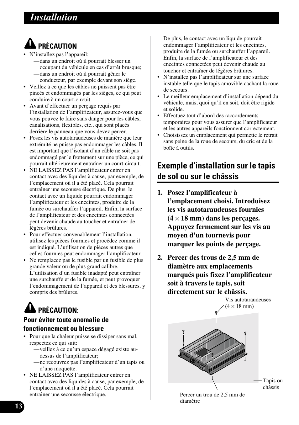 Installation, Exemple d’installation sur le tapis, De sol ou sur le châssis | Pioneer PRS-D3000SPL User Manual | Page 56 / 86