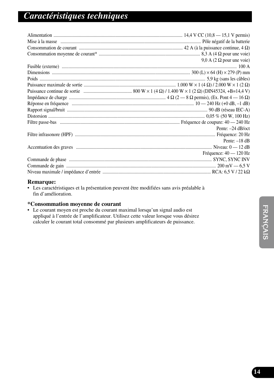 Caractéristiques techniques | Pioneer PRS-D3000SPL User Manual | Page 57 / 86