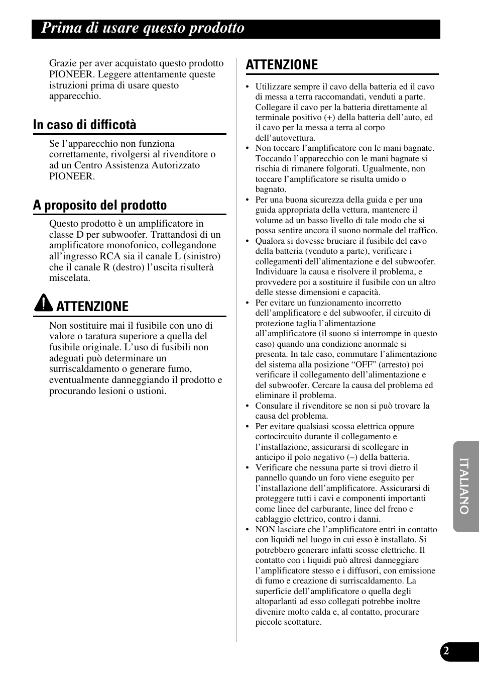 Prima di usare questo prodotto, A proposito del prodotto, Attenzione | Pioneer PRS-D3000SPL User Manual | Page 59 / 86