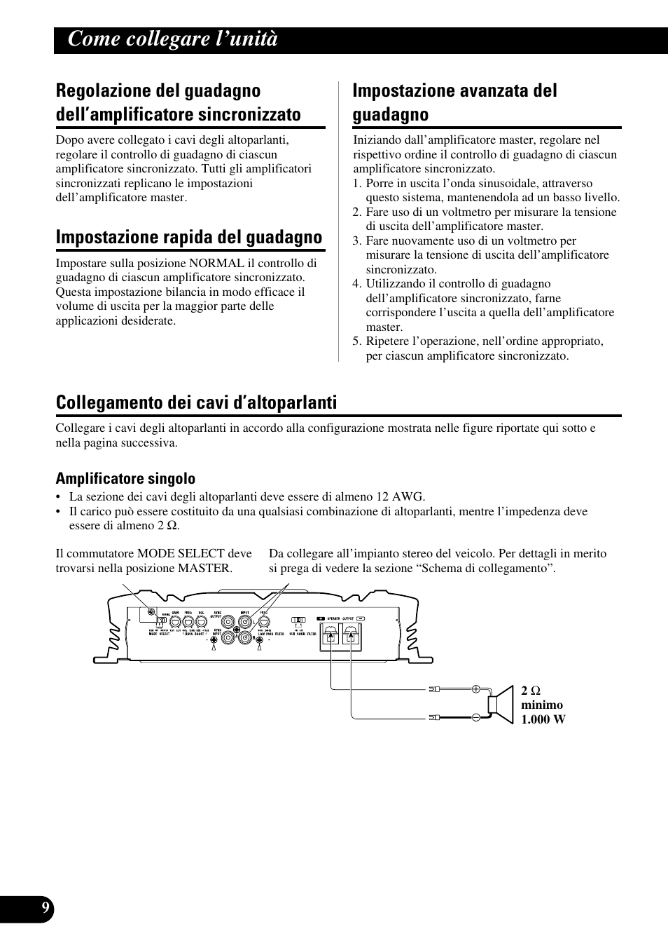 Regolazione del guadagno dell’amplificatore, Sincronizzato, Come collegare l’unità | Impostazione rapida del guadagno, Impostazione avanzata del guadagno, Collegamento dei cavi d’altoparlanti | Pioneer PRS-D3000SPL User Manual | Page 66 / 86