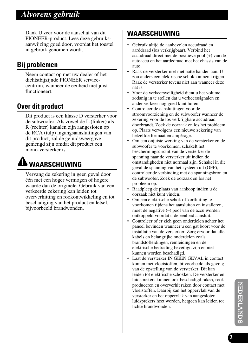 Alvorens gebruik, Bij problemen, Over dit product | Waarschuwing | Pioneer PRS-D3000SPL User Manual | Page 73 / 86