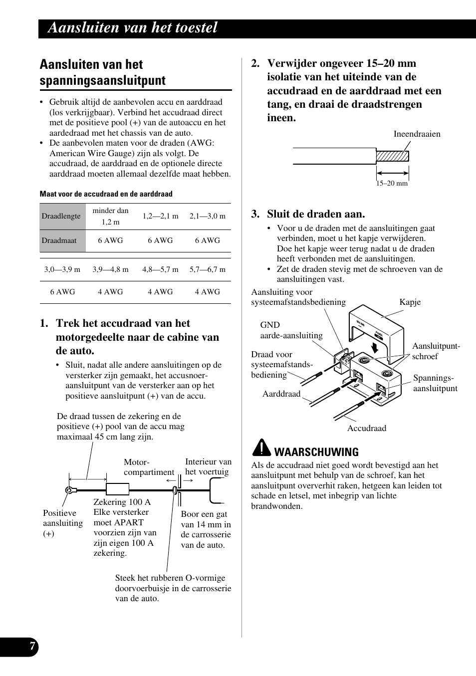 Aansluiten van het spanningsaansluitpunt, Aansluiten van het toestel, Waarschuwing | Pioneer PRS-D3000SPL User Manual | Page 78 / 86
