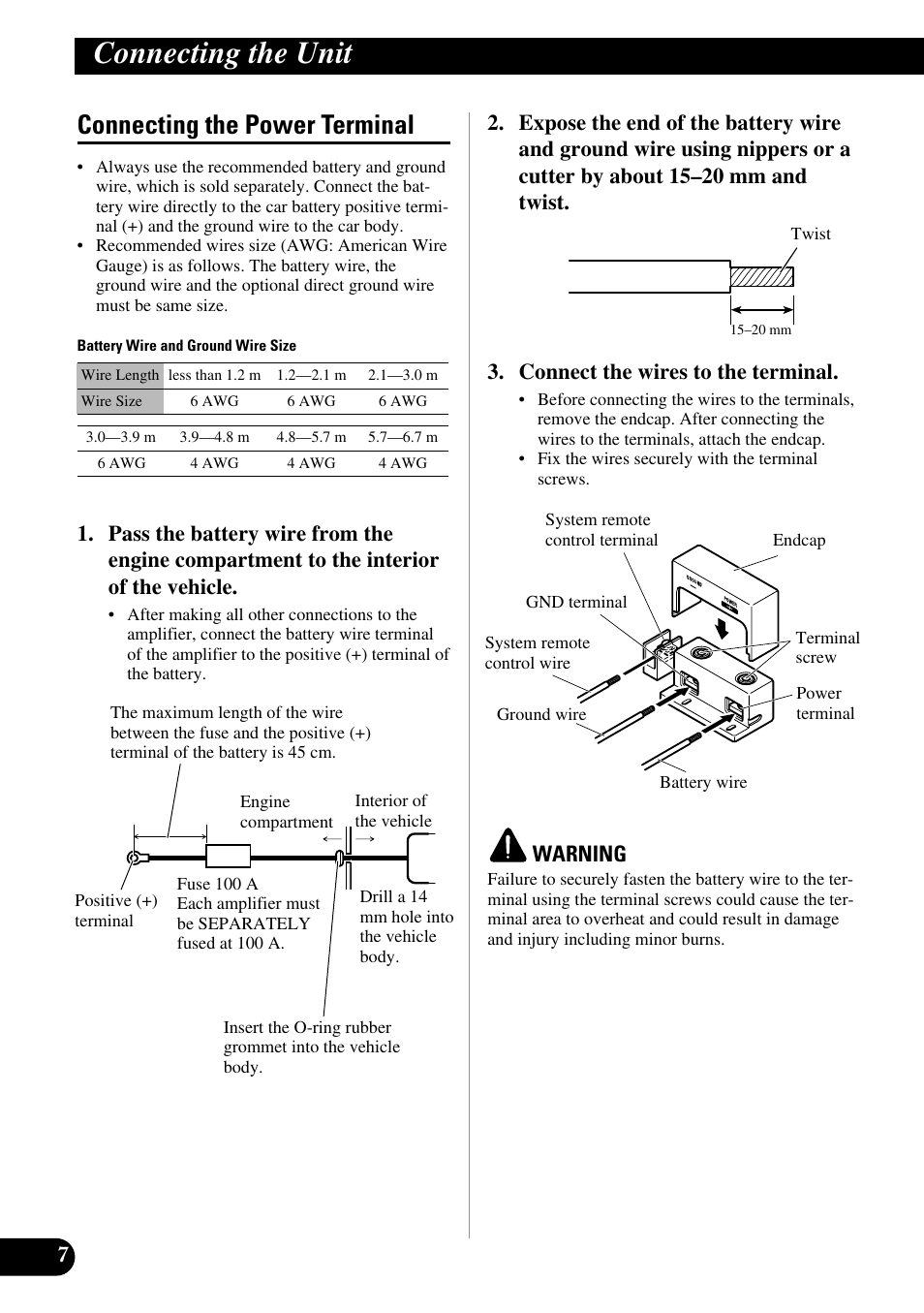 Connecting the power terminal, Connecting the unit, Warning | Pioneer PRS-D3000SPL User Manual | Page 8 / 86