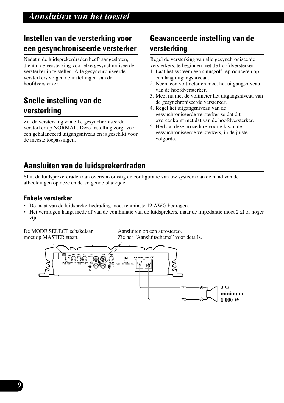 Instellen van de versterking voor, Een gesynchroniseerde versterker, Aansluiten van het toestel | Snelle instelling van de versterking, Geavanceerde instelling van de versterking, Aansluiten van de luidsprekerdraden | Pioneer PRS-D3000SPL User Manual | Page 80 / 86