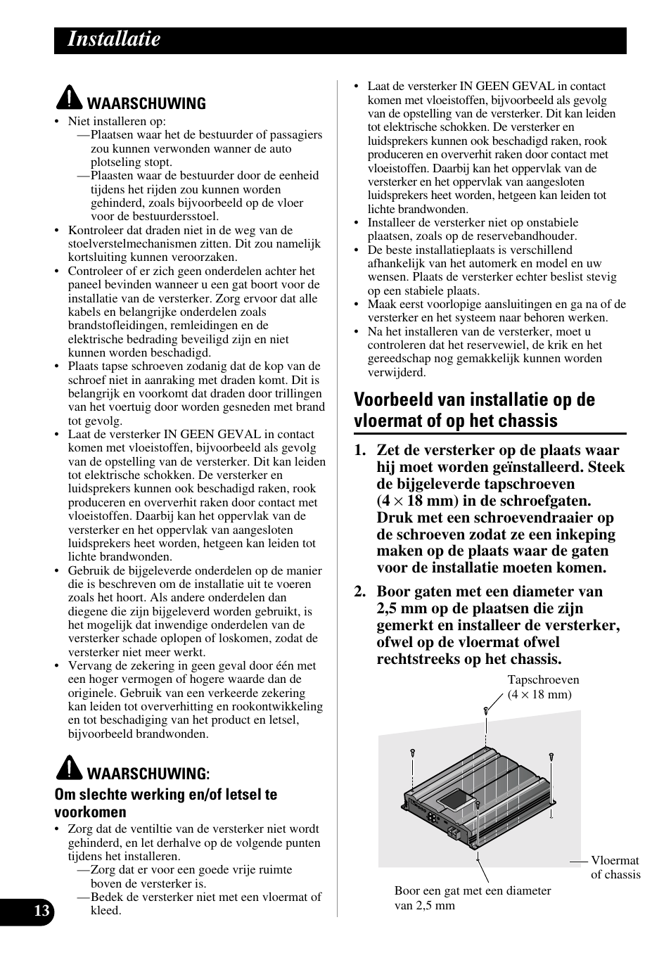 Installatie, Voorbeeld van installatie op de vloermat, Of op het chassis | Pioneer PRS-D3000SPL User Manual | Page 84 / 86